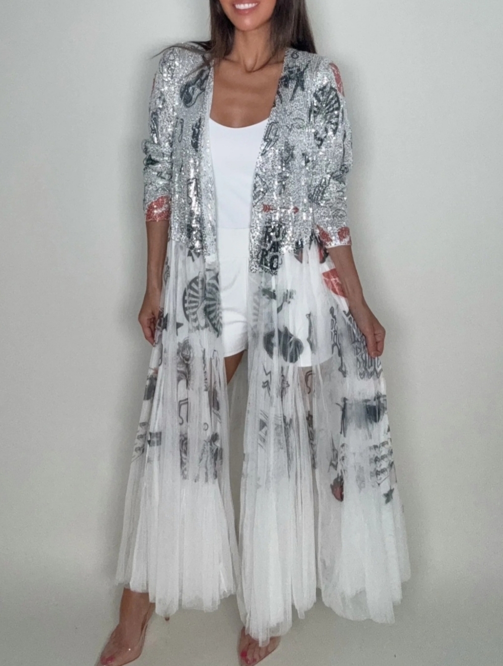 Rock And Roll White Silver Sequin Long Sheer Duster with Graphic Details